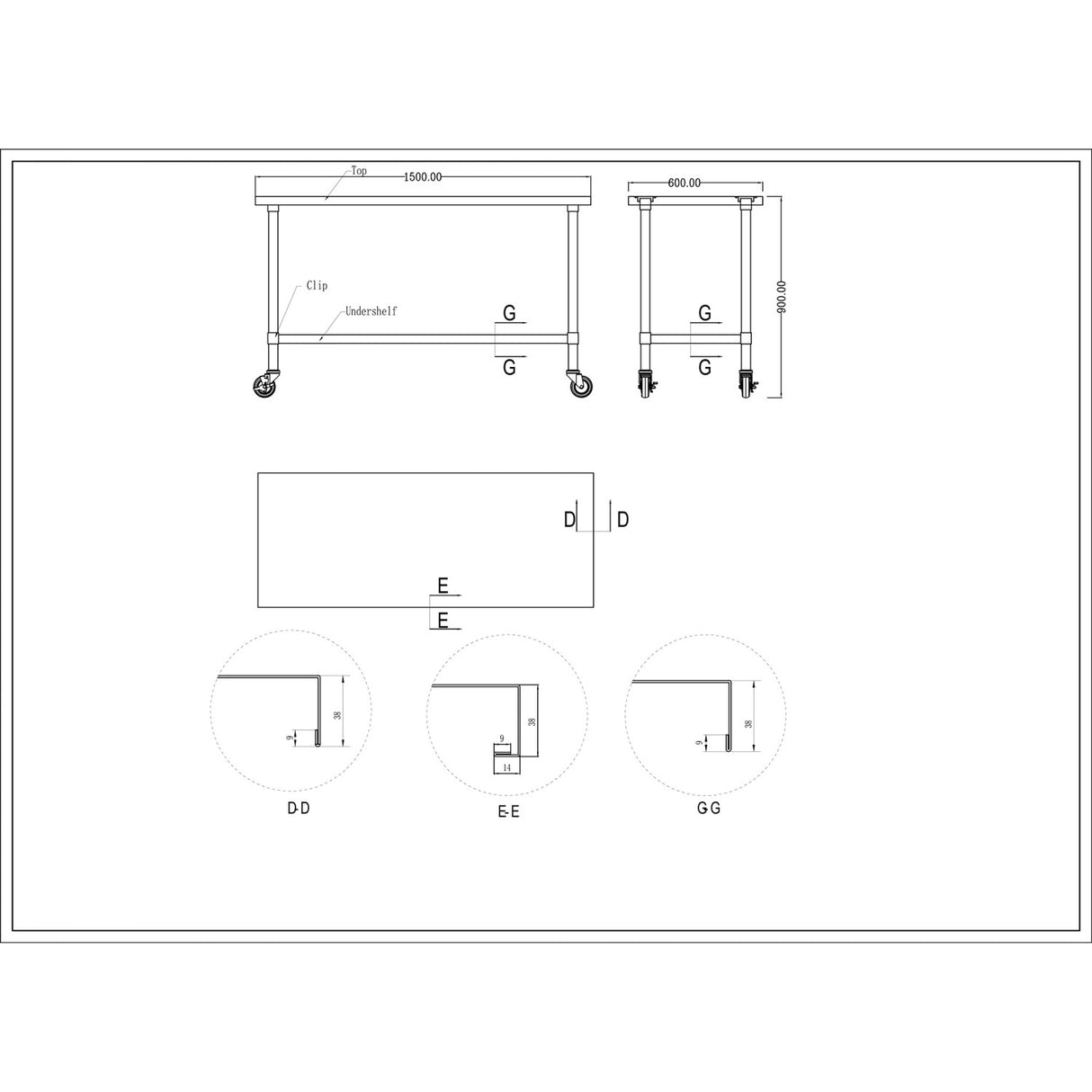Commercial Mobile Stainless Steel Work Table Bottom Shelf 1500x600x900mm |  Wt60150 Gmobile
