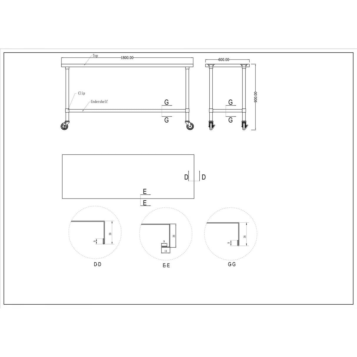 Commercial Mobile Stainless Steel Work Table Bottom shelf 1800x600x900mm |  WT60180GMOBILE