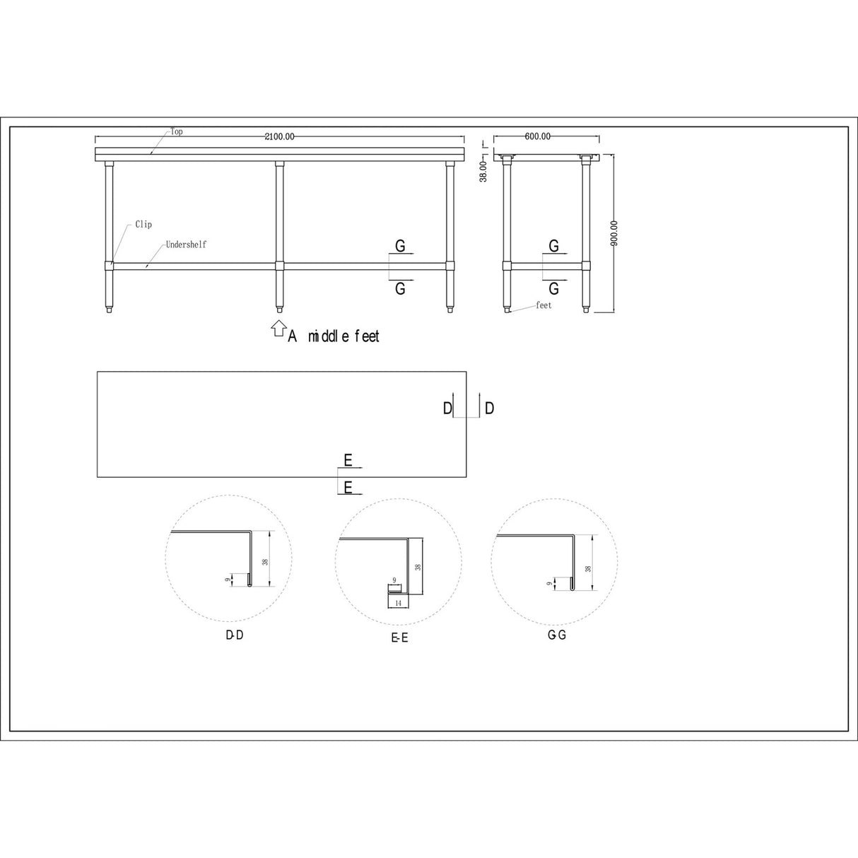 Commercial Stainless Steel Work Table Bottom Shelf Upstand 2100x600x900mm |  Wt60210 Gb