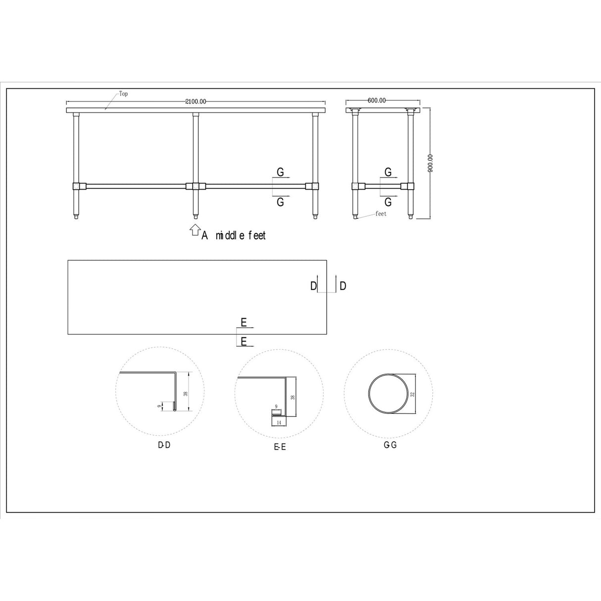Commercial Stainless Steel Work Table No Bottom Shelf 2100x600x900mm |  Wt60210 Gnu