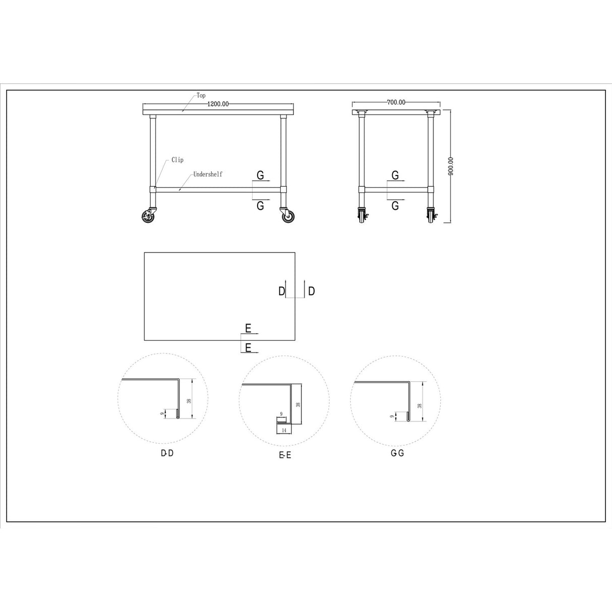 Commercial Mobile Stainless Steel Work Table Bottom Shelf 1200x700x900mm |  Wt70120 Gmobile