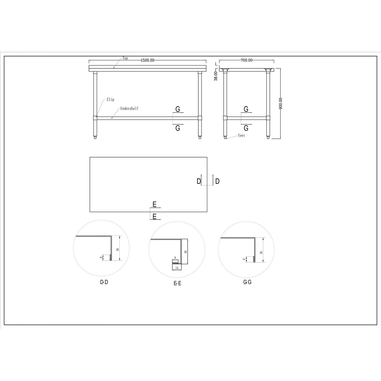 Commercial Stainless Steel Work Table Bottom Shelf Upstand 1500x700x900mm |  Wt70150 Gb