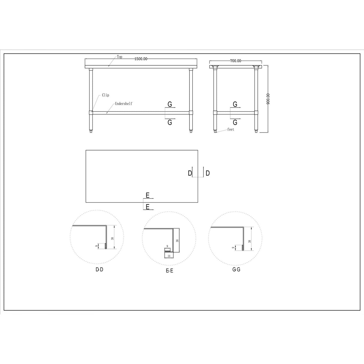 Commercial Stainless Steel Work Table Bottom Shelf 1500x700x900mm |  Wt70150 G