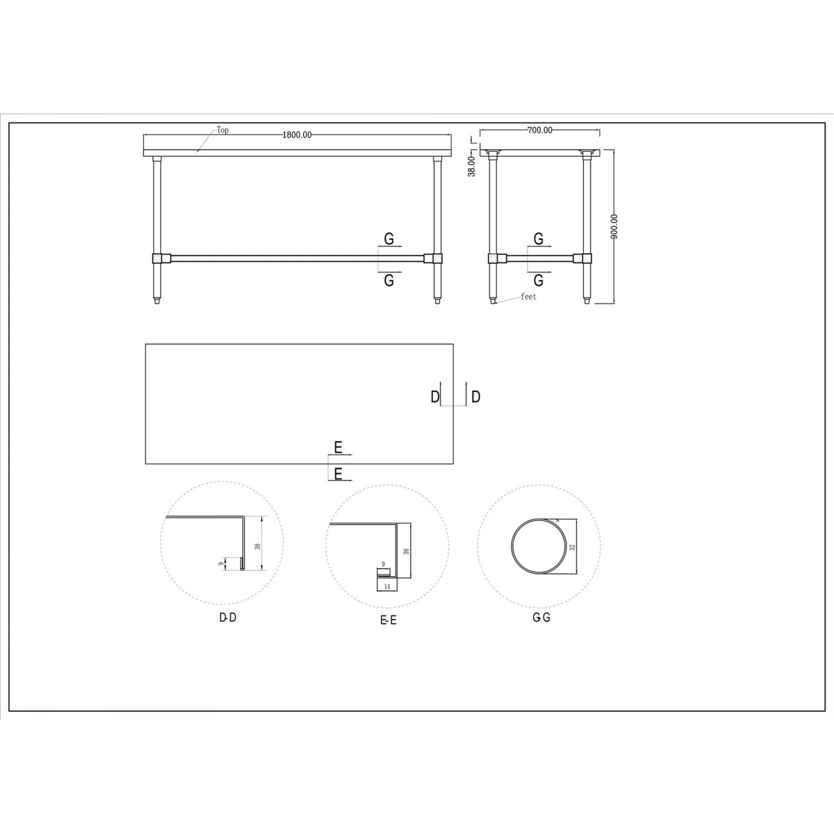 Commercial Stainless Steel Work Table No Bottom Shelf With Upstand 1800x700x900mm |  Wt70180 Gbnu