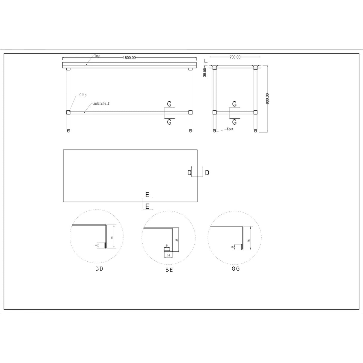Commercial Stainless Steel Work Table Bottom Shelf Upstand 1800x700x900mm |  Wt70180 Gb