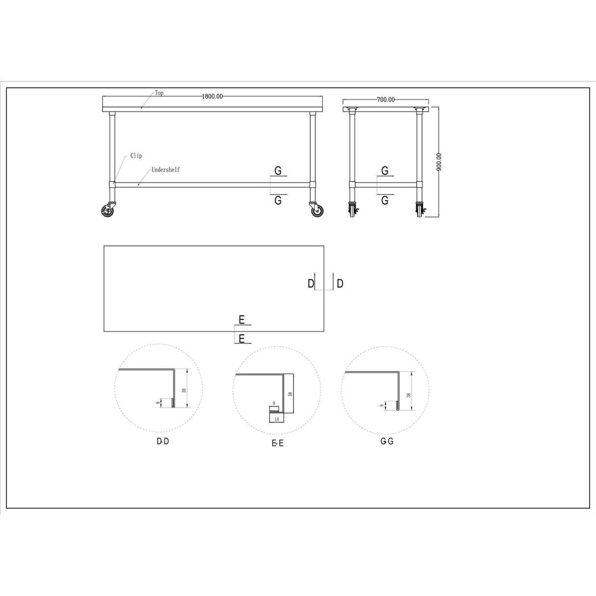 Commercial Mobile Stainless Steel Work Table Bottom shelf 1800x700x900mm |  WT70180GMOBILE