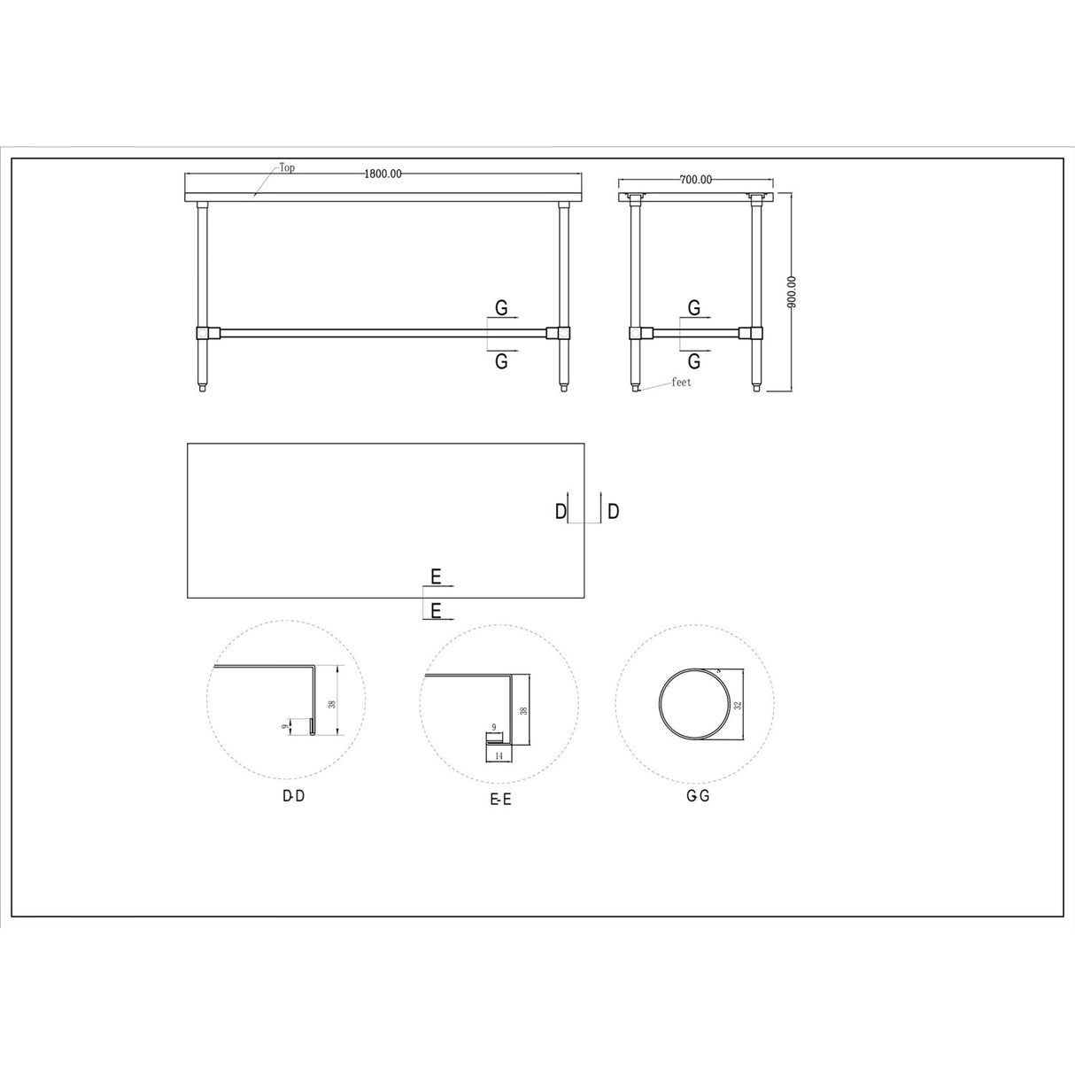 Commercial Stainless Steel Work Table No Bottom Shelf 1800x700x900mm |  Wt70180 Gnu