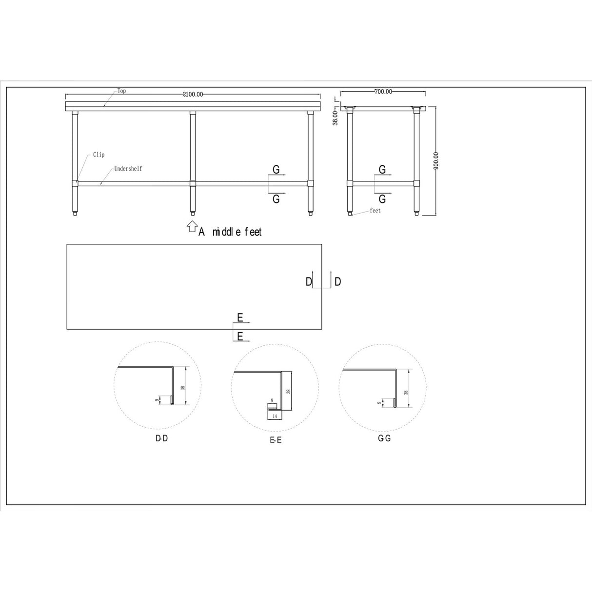 Commercial Stainless Steel Work Table Bottom shelf Upstand 2100x700x900mm |  WT70210GB