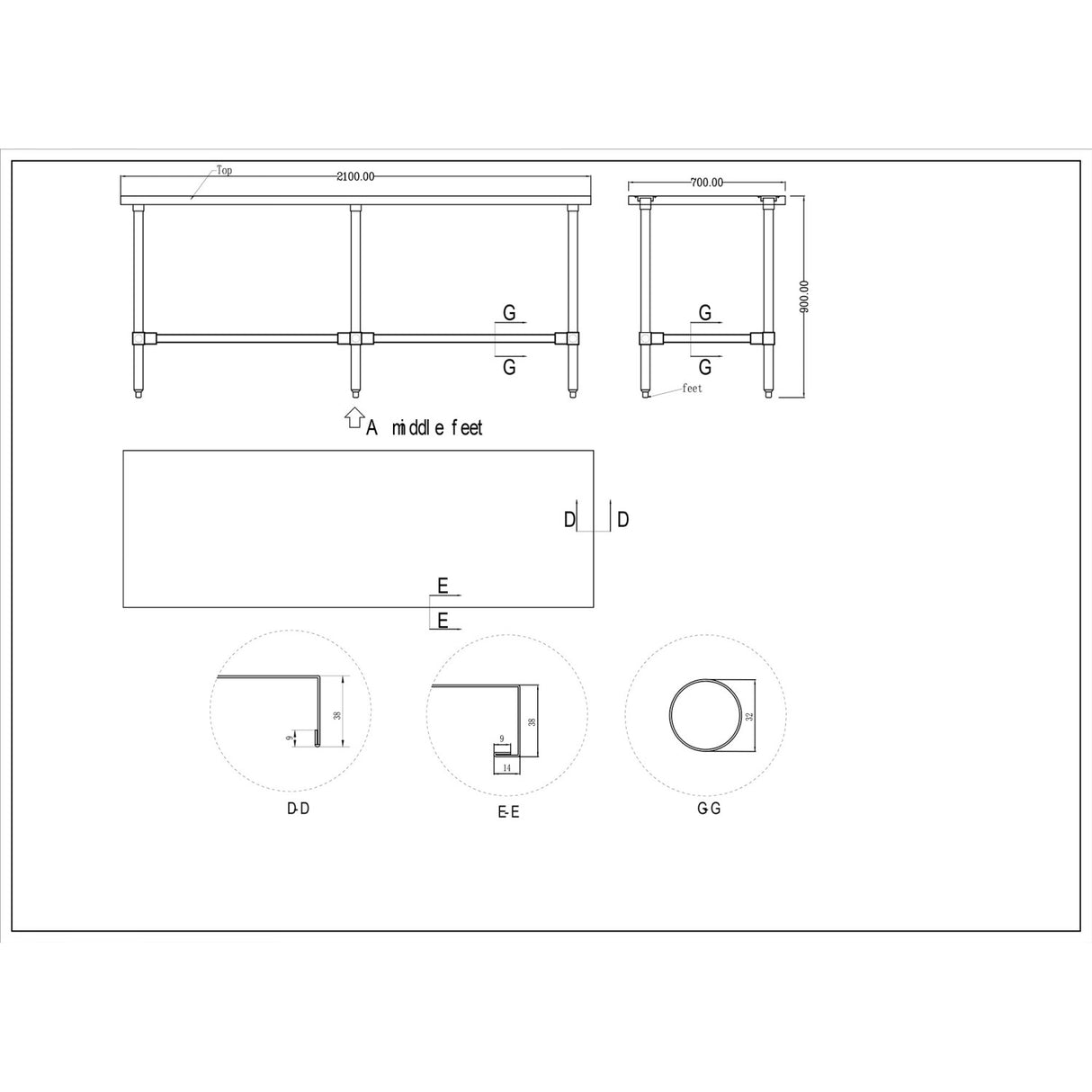 Commercial Stainless Steel Work Table No Bottom Shelf 2100x700x900mm |  Wt70210 Gnu