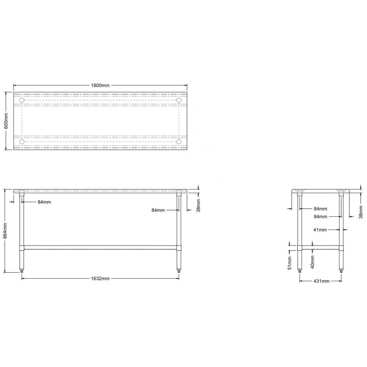 Commercial Work Table Stainless Steel Bottom Shelf 1800x600x900mm |  Wtg600 X1800