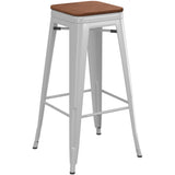 High Bar stool with Wooden seat Steel Grey Indoors |  WW166G