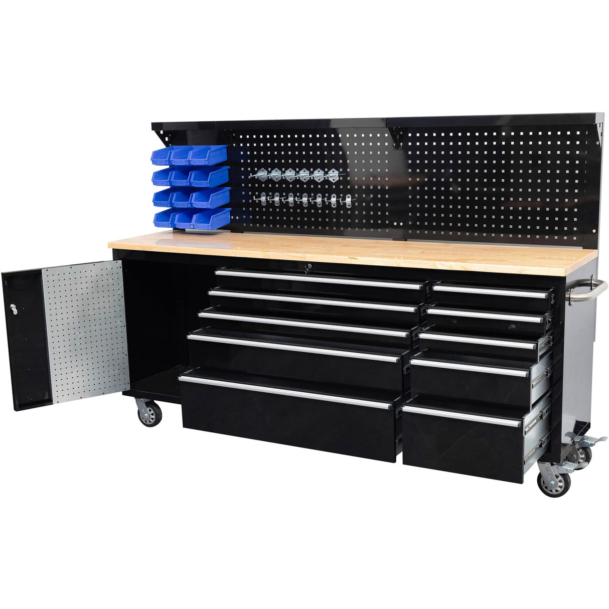 Heavy Duty Steel Rolling Tool Chest With Wooden Worktop &Amp; Pegboard Back Panel 10 Drawers 1 Side Cabinet 2284x485x1448mm Black | Yzm102