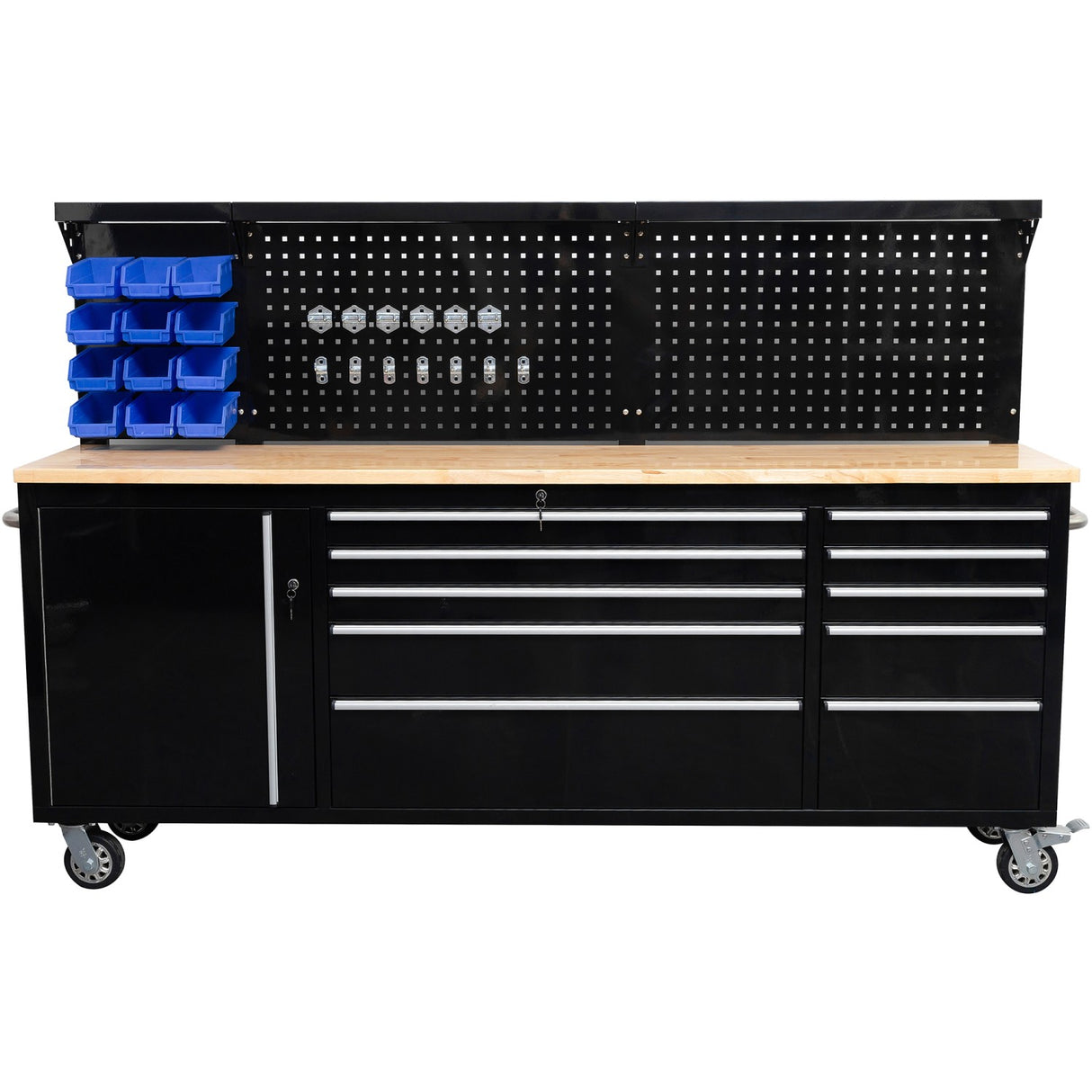 Heavy Duty Steel Rolling Tool Chest With Wooden Worktop &Amp; Pegboard Back Panel 10 Drawers 1 Side Cabinet 2284x485x1448mm Black | Yzm102
