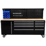 Heavy Duty Steel Rolling Tool Chest With Wooden Worktop &Amp; Pegboard Back Panel 10 Drawers 1 Side Cabinet 2284x485x1448mm Black | Yzm102