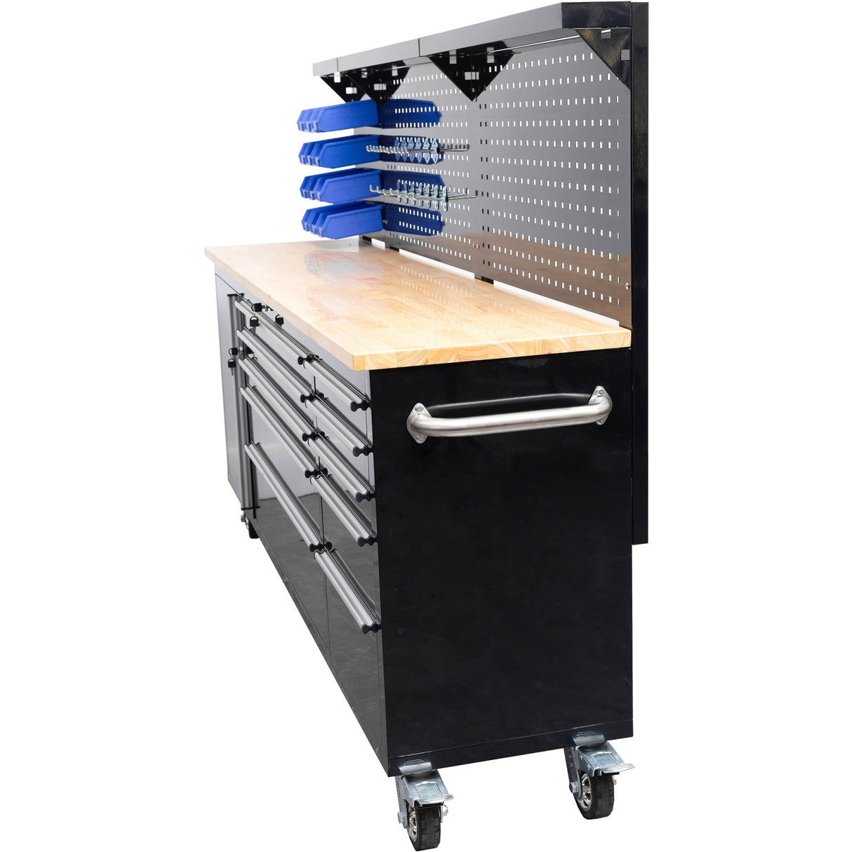 Heavy Duty Steel Rolling Tool Chest With Wooden Worktop &Amp; Pegboard Back Panel 10 Drawers 1 Side Cabinet 2284x485x1448mm Black | Yzm102
