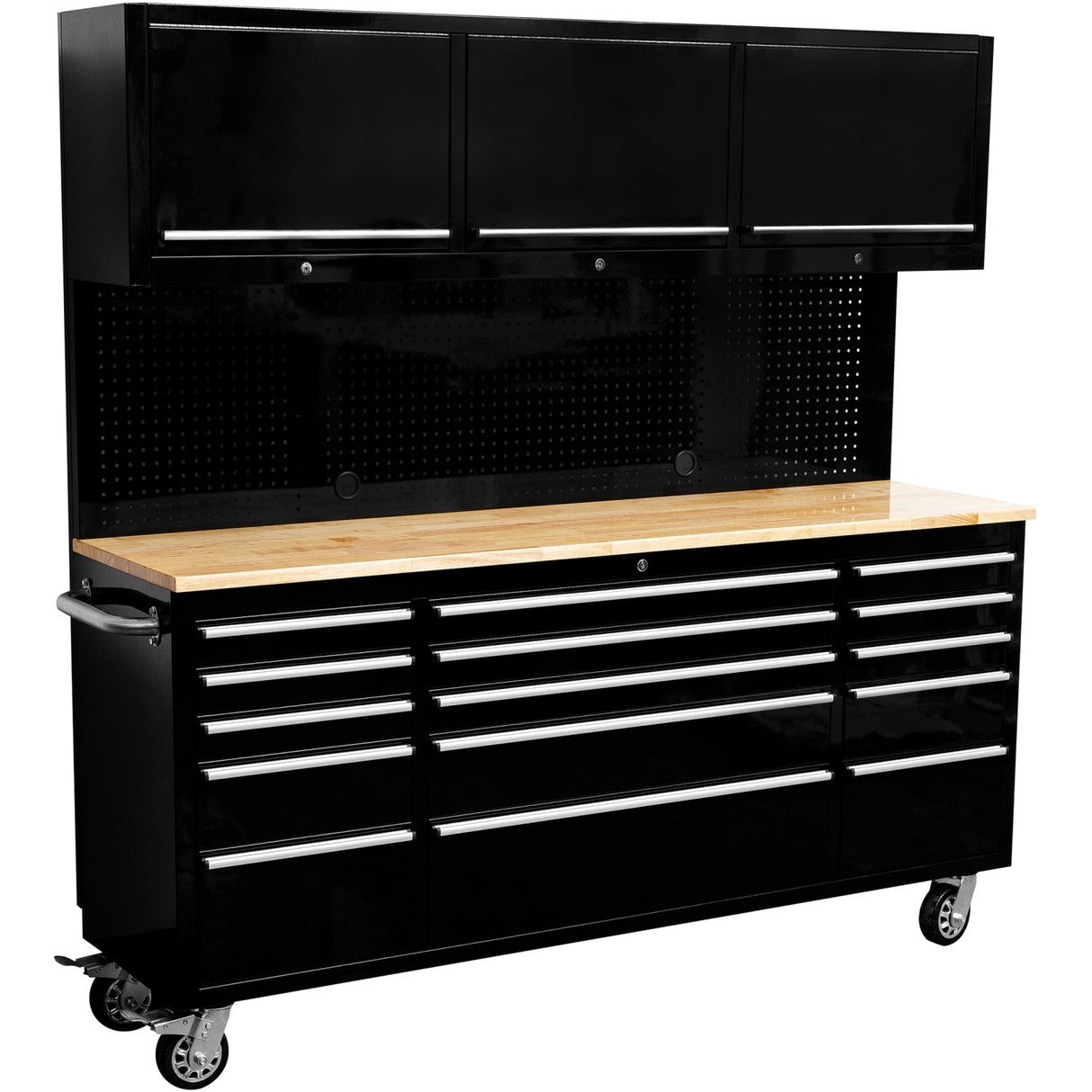 Heavy Duty 72&Quot; Steel Rolling Tool Chest With Wooden Worktop &Amp; Upper Cabinet &Amp; Pegboard 15 Drawers 1978x515x1828mm Black | Yzm112