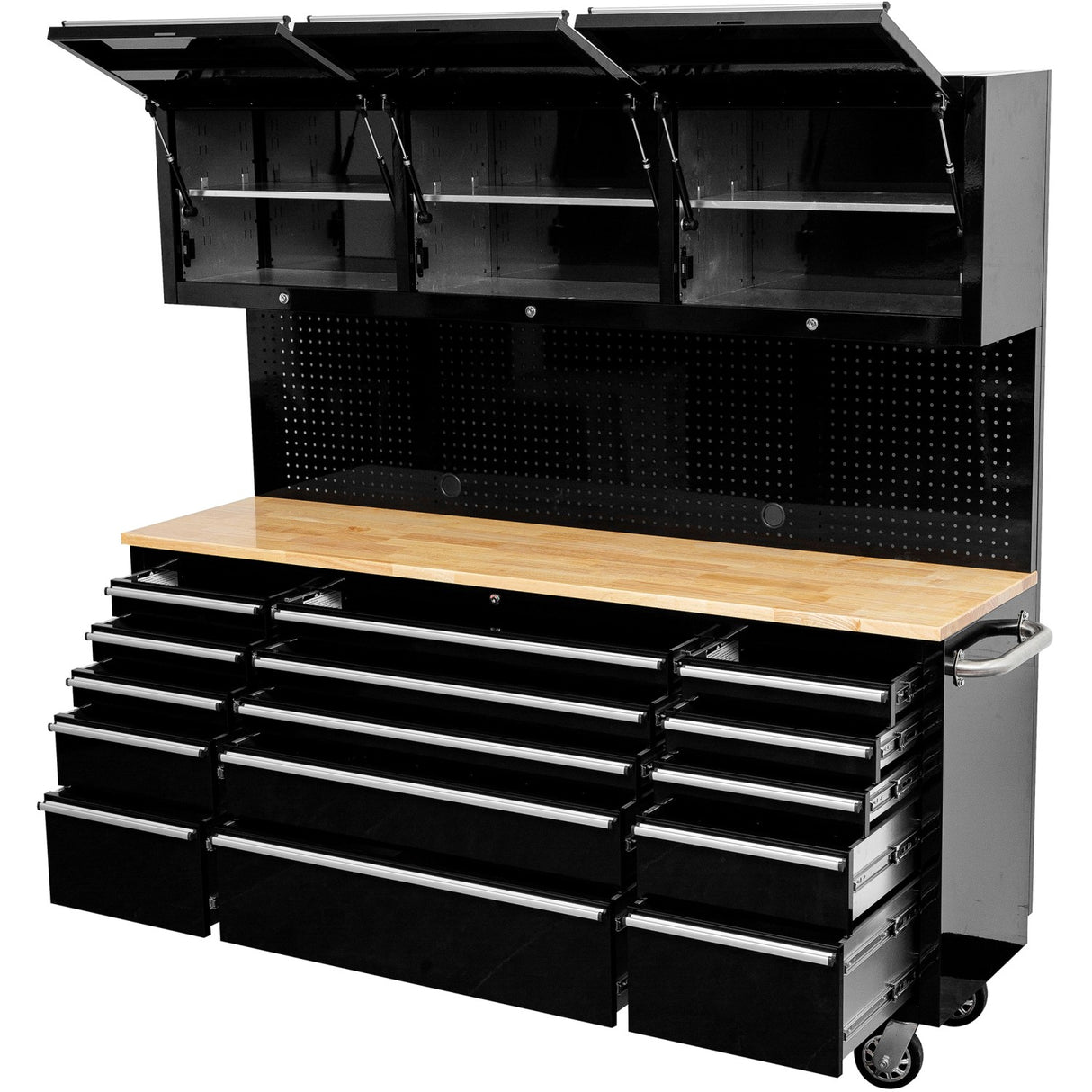 Heavy Duty 72&Quot; Steel Rolling Tool Chest With Wooden Worktop &Amp; Upper Cabinet &Amp; Pegboard 15 Drawers 1978x515x1828mm Black | Yzm112