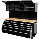 Heavy Duty 72&Quot; Steel Rolling Tool Chest With Wooden Worktop &Amp; Upper Cabinet &Amp; Pegboard 15 Drawers 1978x515x1828mm Black | Yzm112