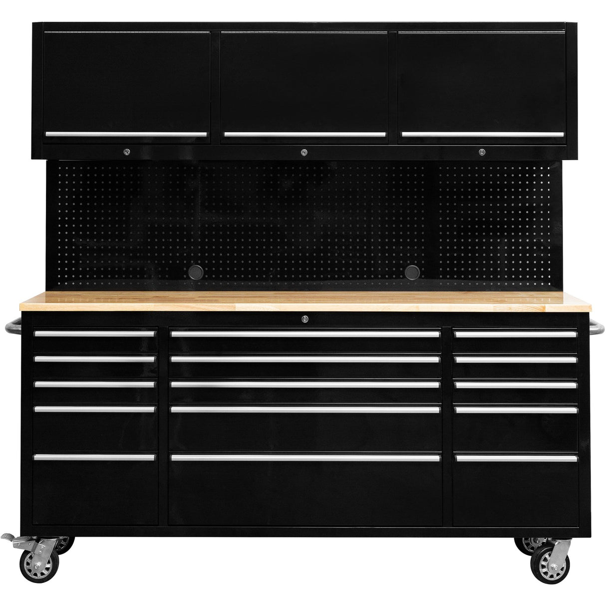 Heavy Duty 72&Quot; Steel Rolling Tool Chest With Wooden Worktop &Amp; Upper Cabinet &Amp; Pegboard 15 Drawers 1978x515x1828mm Black | Yzm112