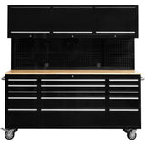 Heavy Duty 72&Quot; Steel Rolling Tool Chest With Wooden Worktop &Amp; Upper Cabinet &Amp; Pegboard 15 Drawers 1978x515x1828mm Black | Yzm112