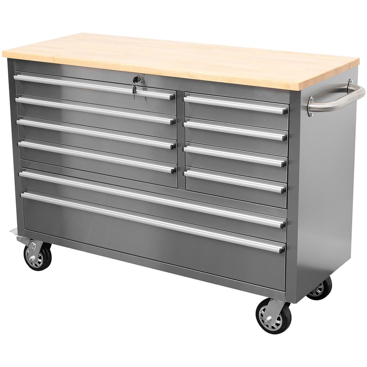 Heavy Duty 48&Quot; Stainless Steel Rolling Tool Chest With Wooden Worktop 10 Drawers 1369x486x909mm Silver | Yzm122