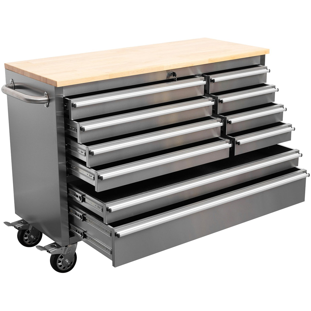 Heavy Duty 48&Quot; Stainless Steel Rolling Tool Chest With Wooden Worktop 10 Drawers 1369x486x909mm Silver | Yzm122