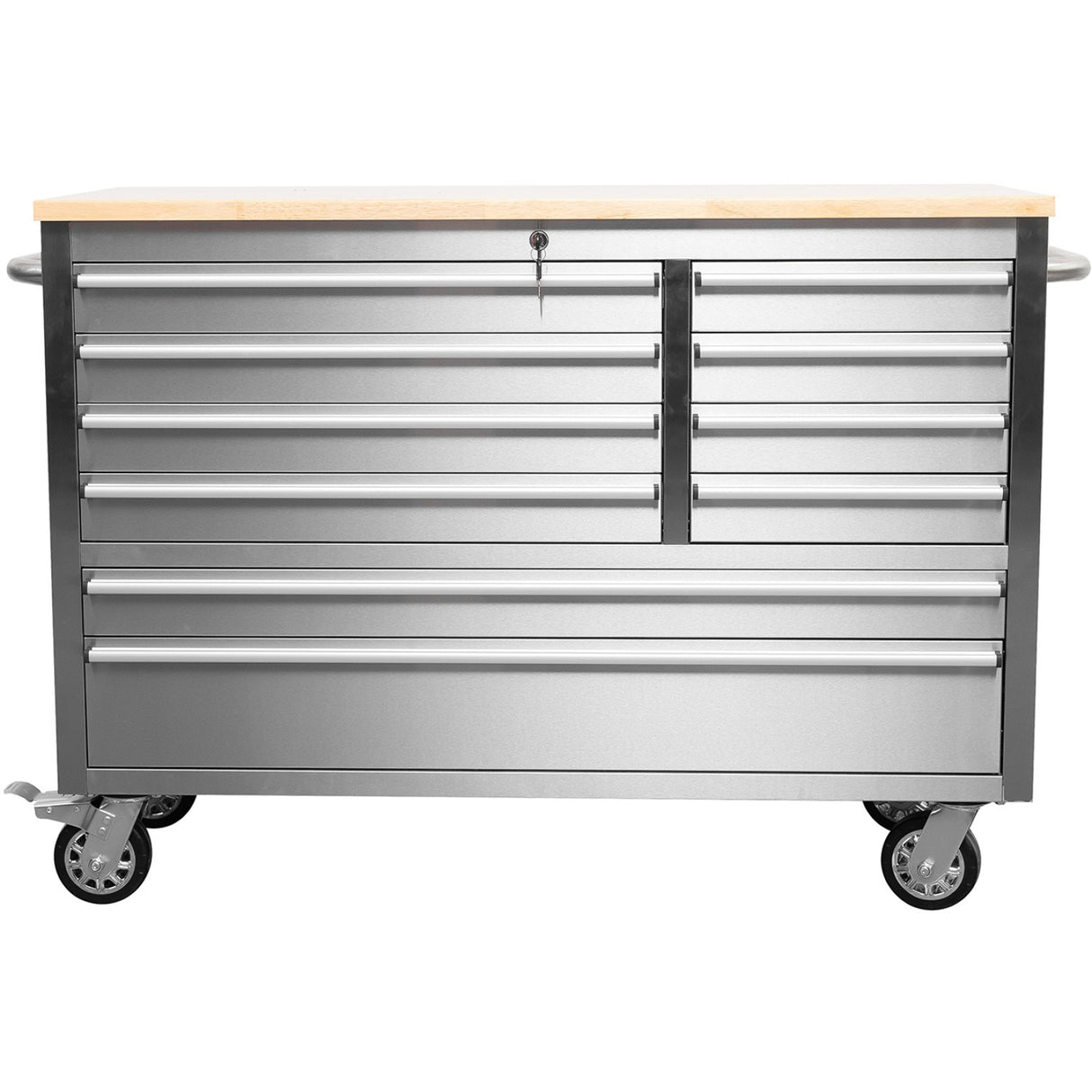Heavy Duty 48&Quot; Stainless Steel Rolling Tool Chest With Wooden Worktop 10 Drawers 1369x486x909mm Silver | Yzm122