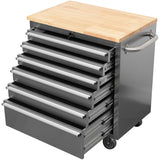 Heavy Duty 30&Quot; Stainless Steel Rolling Tool Chest With Wooden Worktop 6 Drawers 835x485x877mm Silver | Yzm130