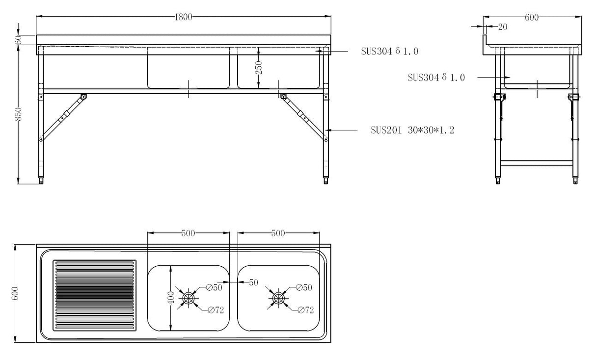 Versatile 1800mm Foldable Mobile Stainless Steel Double Bowl Sink by Combisteel