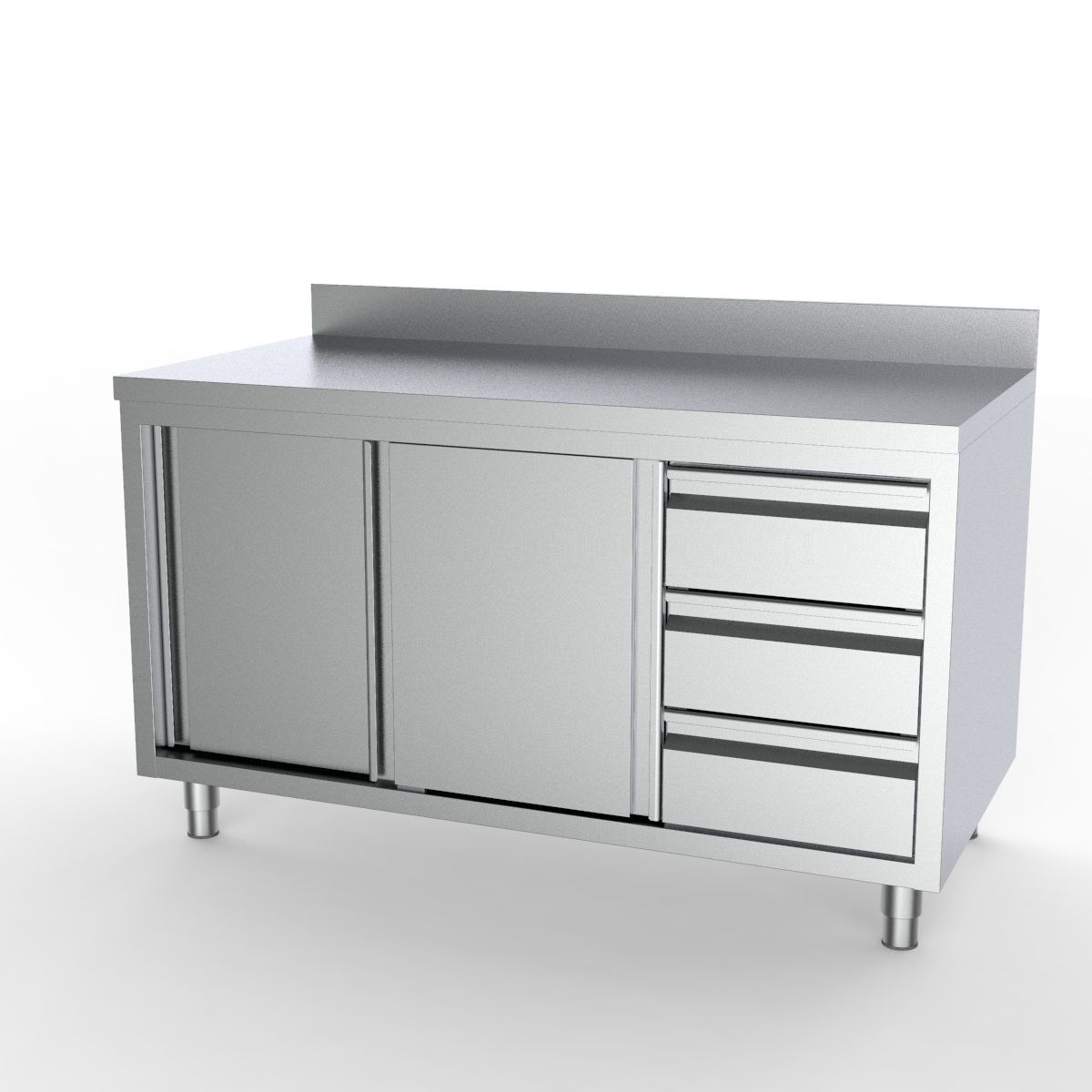 Premium 1400mm Stainless Steel Worktable with Sleek Sliding Doors, Convenient Drawers, and Integrated Upstand