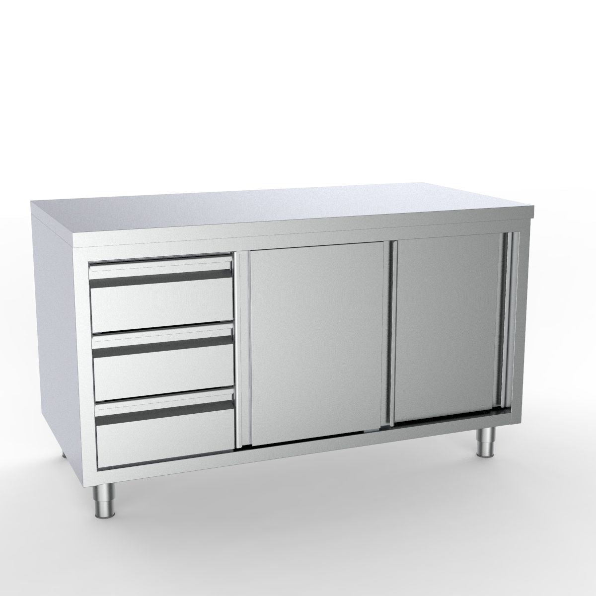 Elevate Your Workspace with the Combisteel 1400mm Wide Full 430 Stainless Steel Worktable Featuring Stylish Sliding Doors and 3 Convenient Drawers