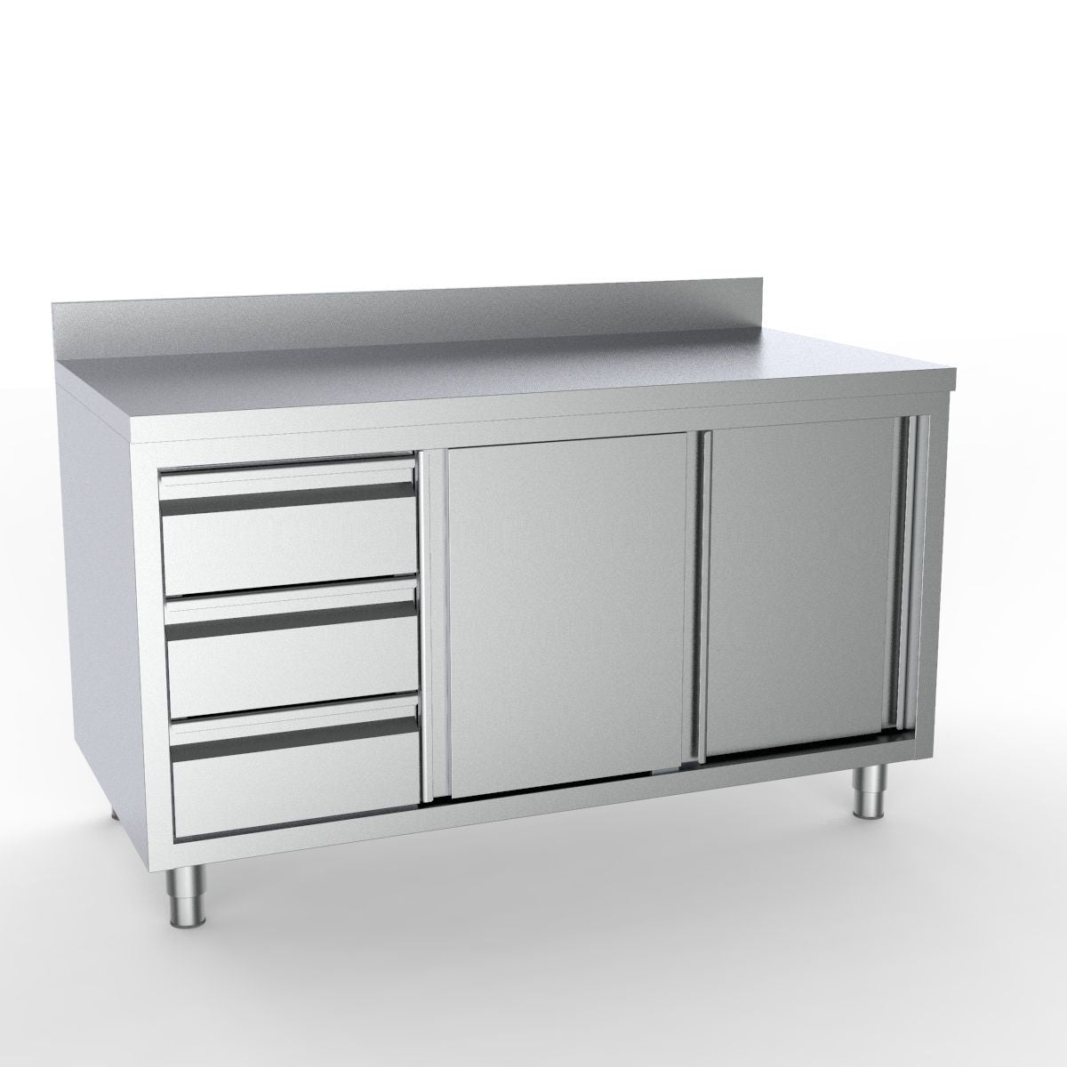 Premium 1400mm Wide Combisteel Stainless Steel Worktable with Sliding Doors, 3 Spacious Drawers, and Upstand for Effortless Organization