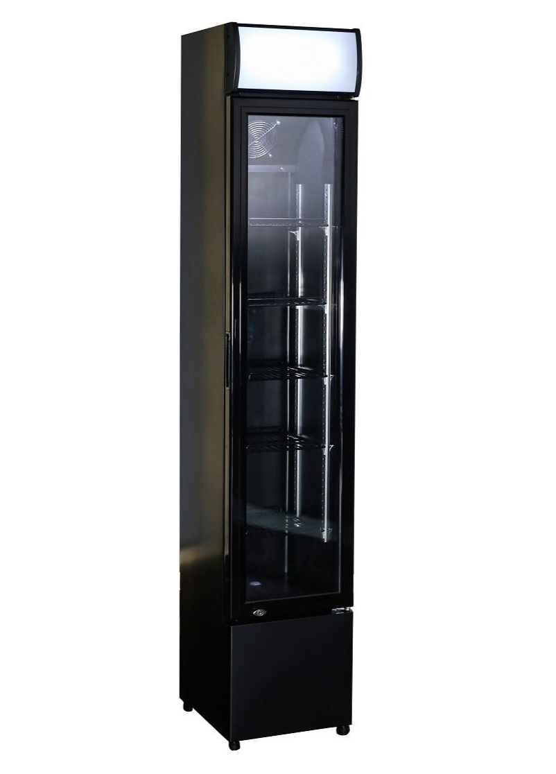 Sleek Combisteel Slimline Black Glass Door Fridge Merchandiser - 105L Capacity