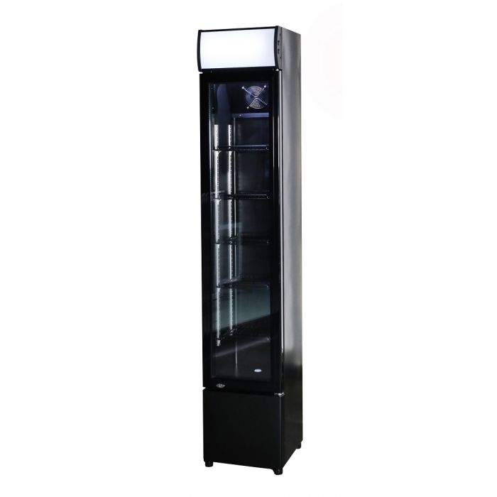 Sleek Combisteel Slimline Black Glass Door Fridge Merchandiser - 105L Capacity