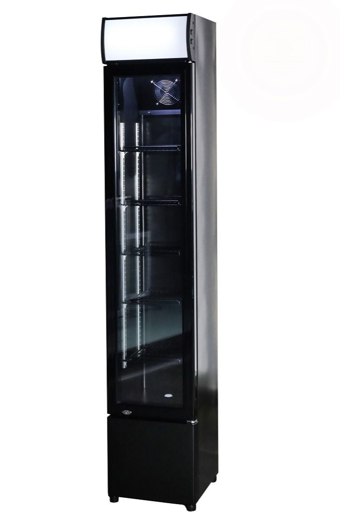 Sleek Combisteel Slimline Black Glass Door Fridge Merchandiser - 105L Capacity