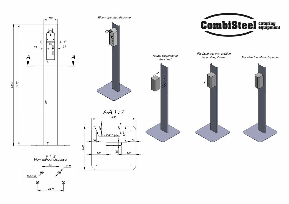 Premium Stainless Steel Hand Sanitizer Station with Touch-Free Elbow Control & Dispenser - Model 7812.1000