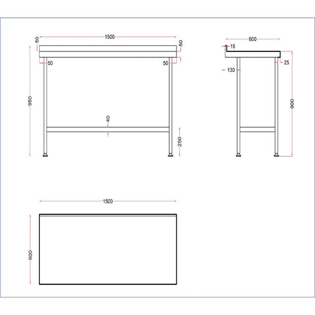 Vogue Stainless Steel Wall Table with Upstand 1500x600mm
