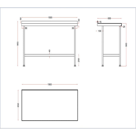 Vogue Stainless Steel Wall Table with Upstand 1500x650mm