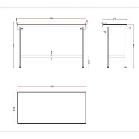 Vogue Stainless Wall Table with Upstand 1800x650mm