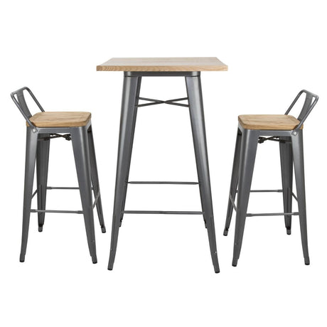 Bolero Bistro Backrest High Stools with Wooden Seat Gun Metal (4 Pack)