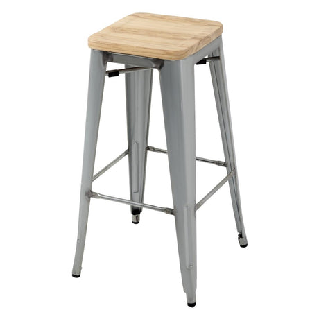 Bolero Bistro High Stools with Wooden Seat Galvanised Steel (4 Pack)