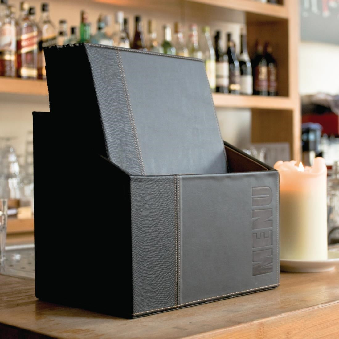 Securit Contemporary A4 Menu Covers with Wooden Storage Box Black