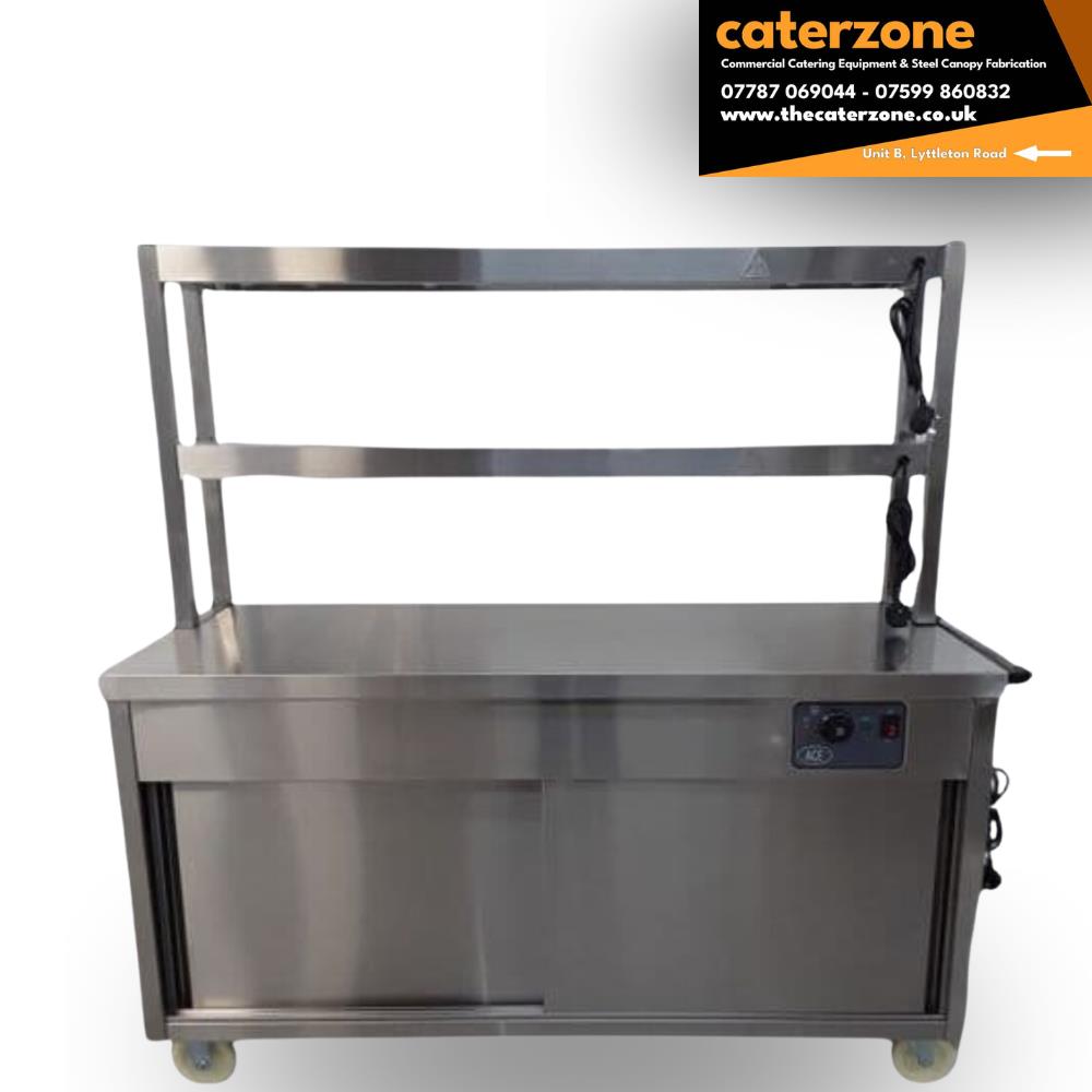 Hot Cupboard With 2 Tier Heated Gantry Table on Castor Wheels 150x60x152 cm New