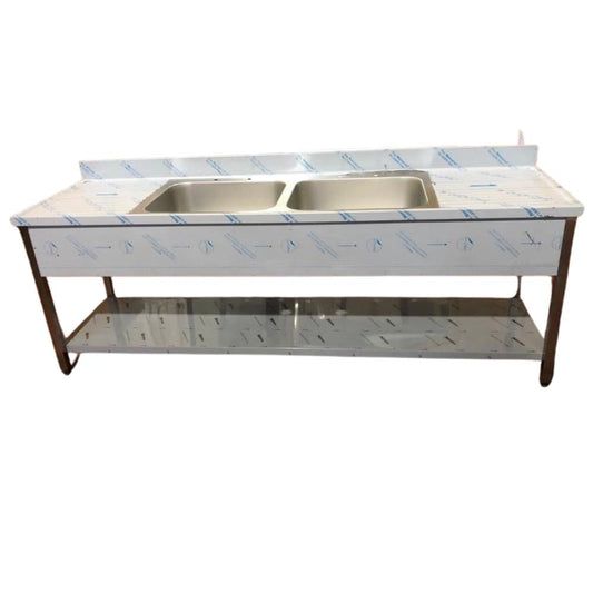 Stainless Steel Double Sink Double Drainer with Shelf and Splashback 240x65x90cm