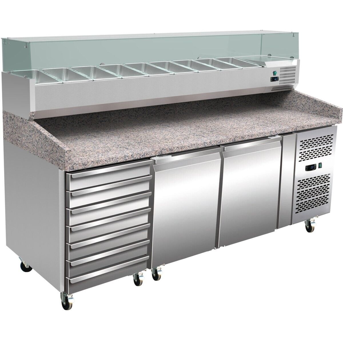 Pizza Prep Counter Fridge 2 doors 7 drawers Granite top Counter top 10xGN1/4