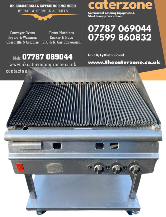 Falcon Gas Chargrill 90 cm 3 Burner with Water Tray and Stand Peri Peri Char Gril
