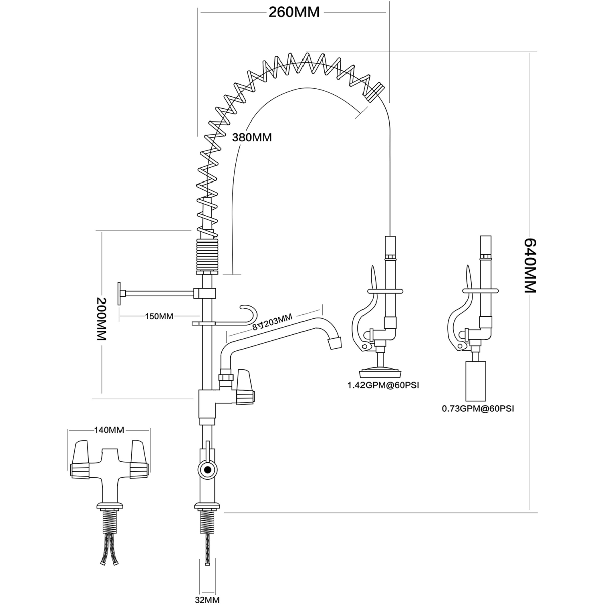 Pre Rinse Spray Unit with Swing faucet Deck mount Double inlet Height 600mm Stainless steel |  EQ7801A08