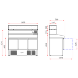 Pizza Counter 3 doors Refrigerated Counter top display 6xGN1/4 Depth 700mm |  PZ14+PT14