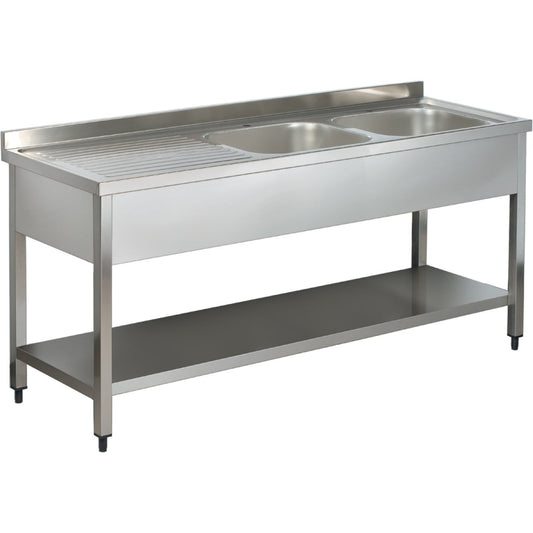 Commercial Sink Stainless steel 2 bowls Right Bottom shelf Splashback 1800mm Depth 700mm |  VS187RBT