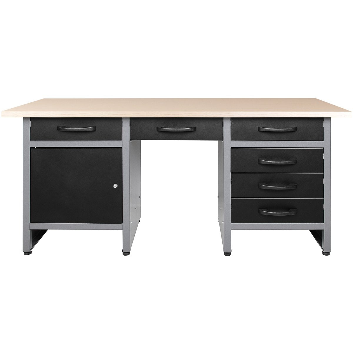 Professional Grey and Black Workshop Workbench with 30mm Wooden Desktop, 6 Drawers and Lockable Door 1600x600x850mm |  TC007